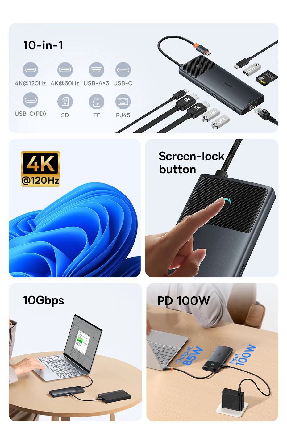 Baseus USB HUB 4K 60Hz Dual HDMI-Compatible Adapter 10 in 1 Splitter RJ45 USB 3.1 PD 100W Type C Hub for MacBook Pro Air USB HUB