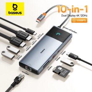 Baseus 10-in-1 USB C Hub Dual HDMI 4K 120Hz Adapter PD 100W Ethernet USB 3.2
