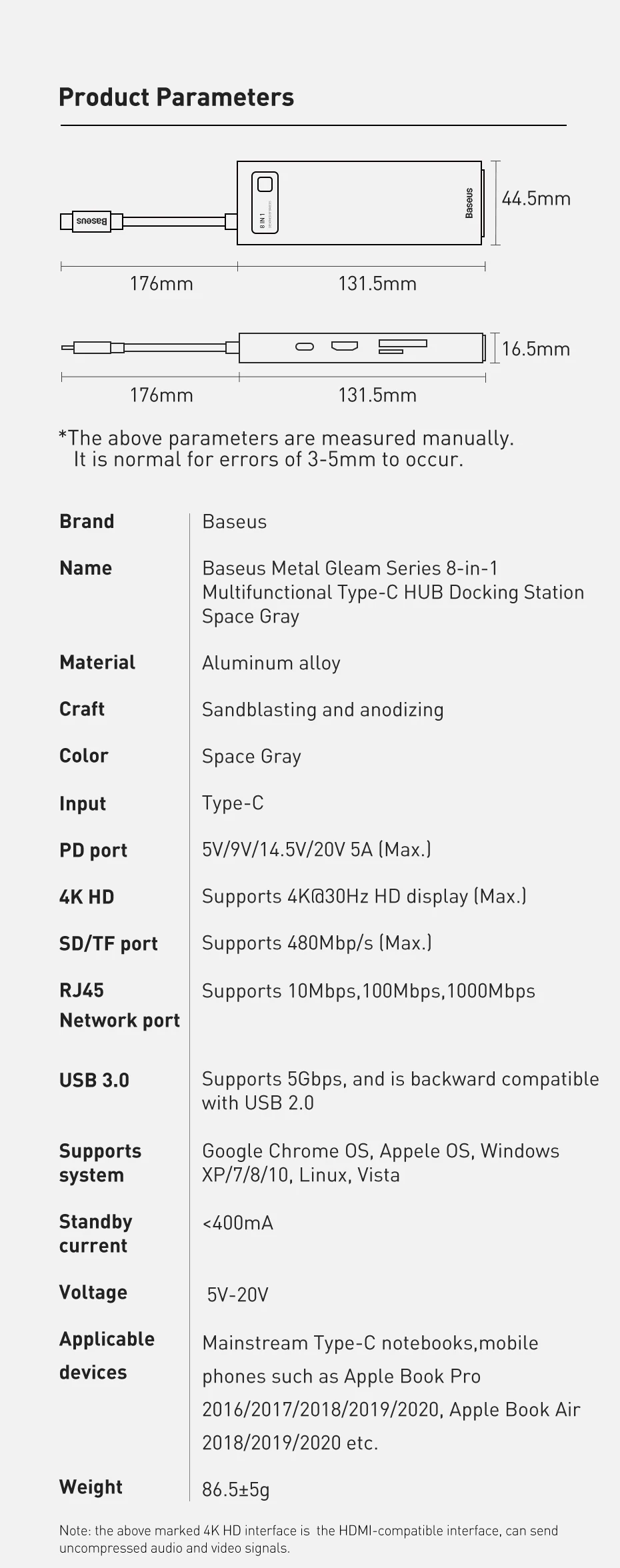 【For Korean Customers】Baseus 8-in-1 USB C HUB Type-C to HDMI 4K@30Hz 100W PD Fast Charging SD TF Card RJ45 Docking Station HUB