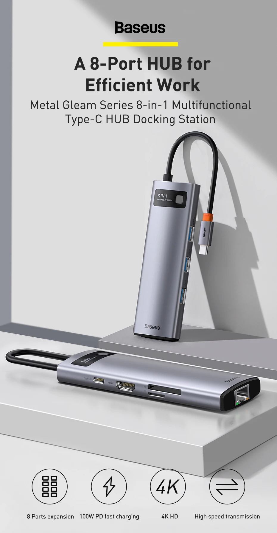 【For Korean Customers】Baseus 8-in-1 USB C HUB Type-C to HDMI 4K@30Hz 100W PD Fast Charging SD TF Card RJ45 Docking Station HUB