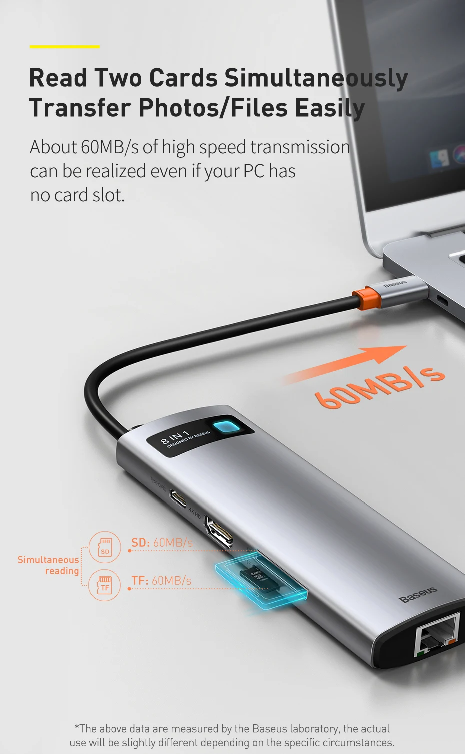 【For Korean Customers】Baseus 8-in-1 USB C HUB Type-C to HDMI 4K@30Hz 100W PD Fast Charging SD TF Card RJ45 Docking Station HUB