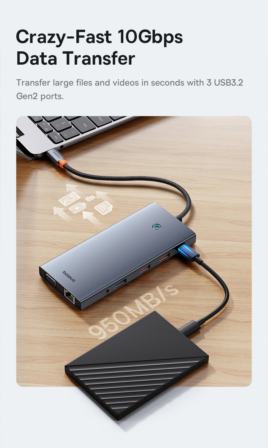 【Limited Offer】Baseus USB Hub Type C to Dual HDMI 4K 60Hz 30Hz VGA PD 100W Fast Charging USB A 3.0 5Gbps MST Display for Windows