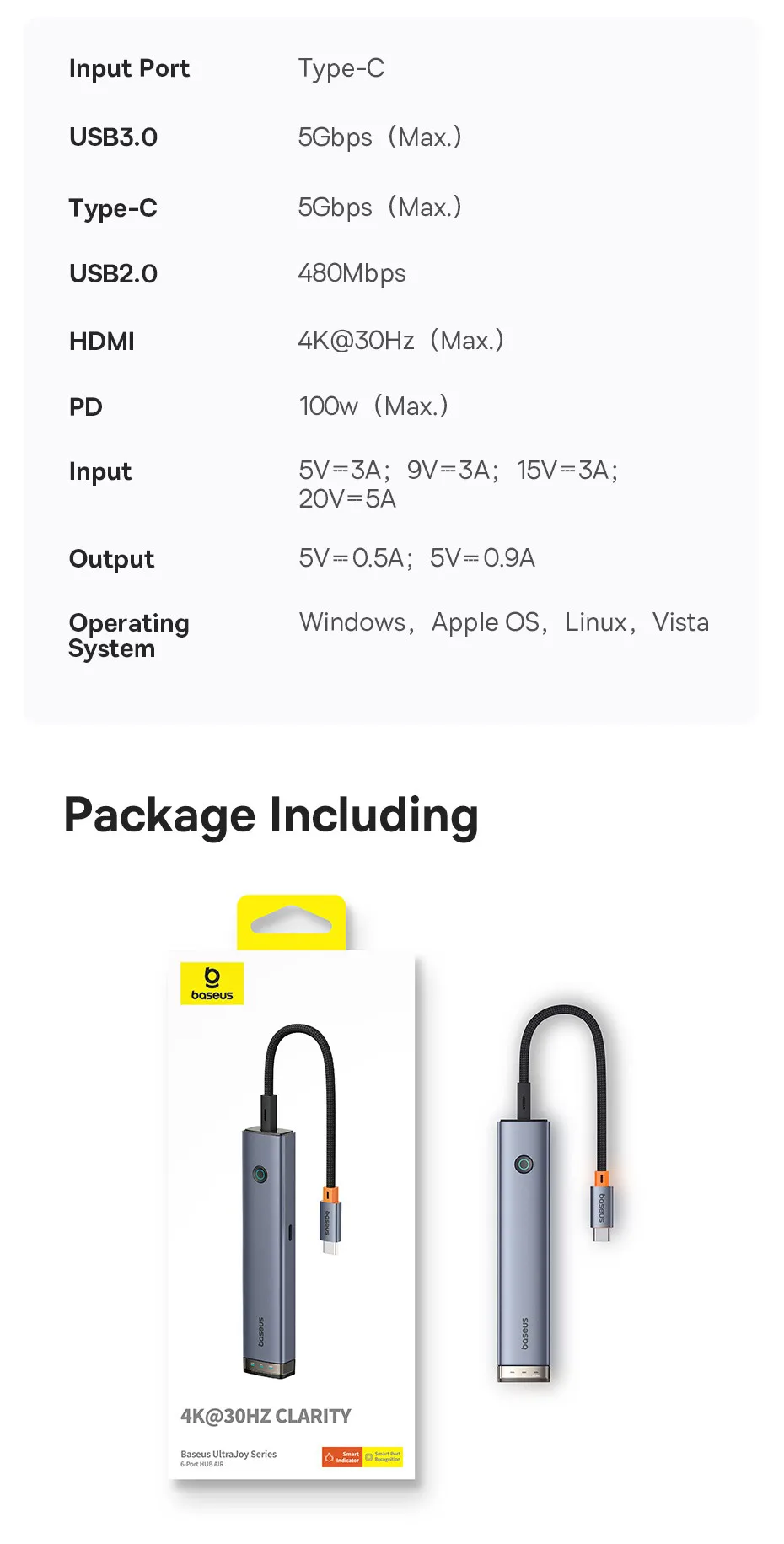 Baseus USB C Hub to HDMI 4K 30Hz USB 3.0 Type C 5Gbps Hub PD 100W Fast Charging Single Display Hub for Win MacBook Pro USB Hub