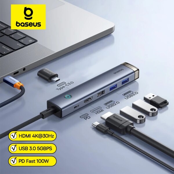 Baseus 6-in-1 USB C Hub with HDMI 4K 100W PD Fast Charging USB 3.0
