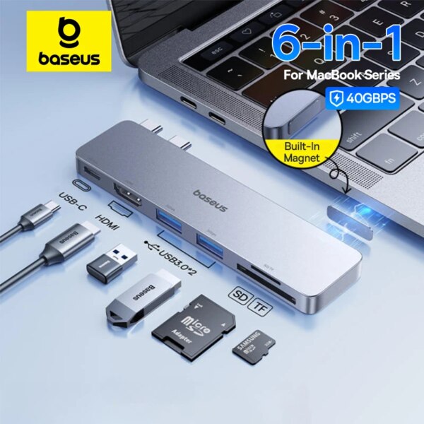 Baseus UltraJoy 6-in-1 USB C Hub with HDMI 4K 30Hz, 100W PD Charging, SD/TF Card Reader for MacBook Pro/Air