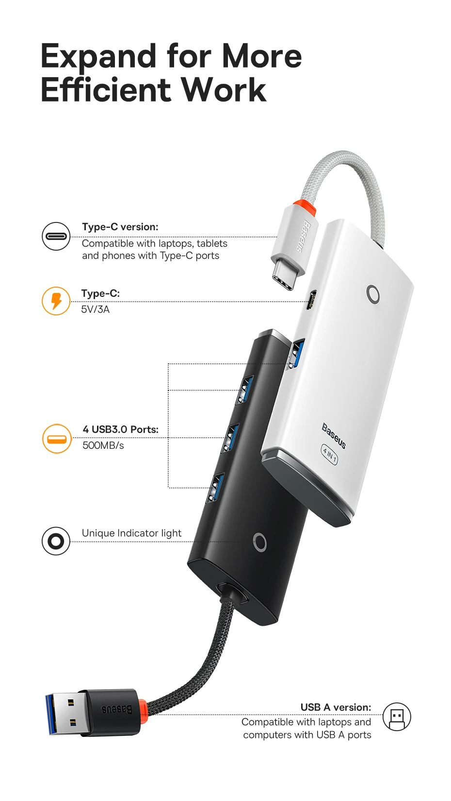 Baseus USB HUB 4 in 1 USB C HUB USB Type C to Multi USB 3.0 Adapter for MacBook Pro Air Huawei Mate 30 USB-C 3.0 Splitter