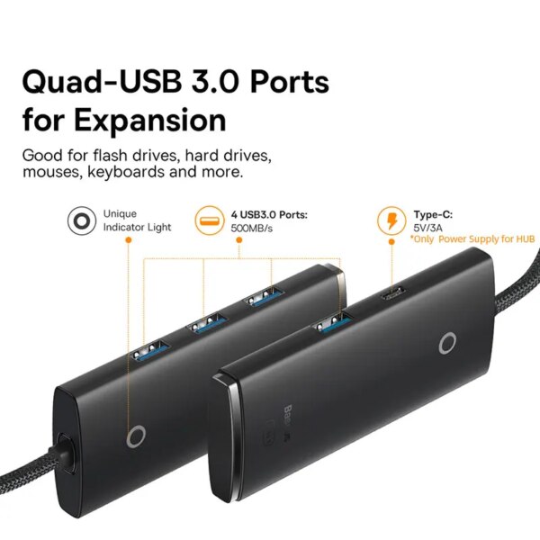 Baseus Lite Series 4-Port USB Hub Adapter USB 3.0 Type-C to Multi USB-A Splitter - Image 2