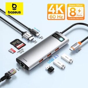 Baseus 8-in-1 USB C Hub Adapter 10Gbps HDMI 4K 60Hz PD 100W Ethernet SD/TF Card Reader