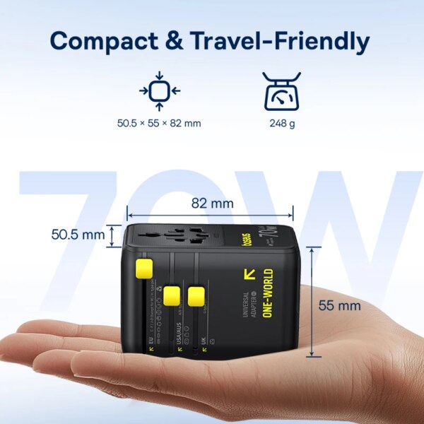 Baseus EnerCore CG11 70W GaN Universal Travel Adapter 6-in-1 Retractable Cable EU/UK/USA/AUS - Image 6