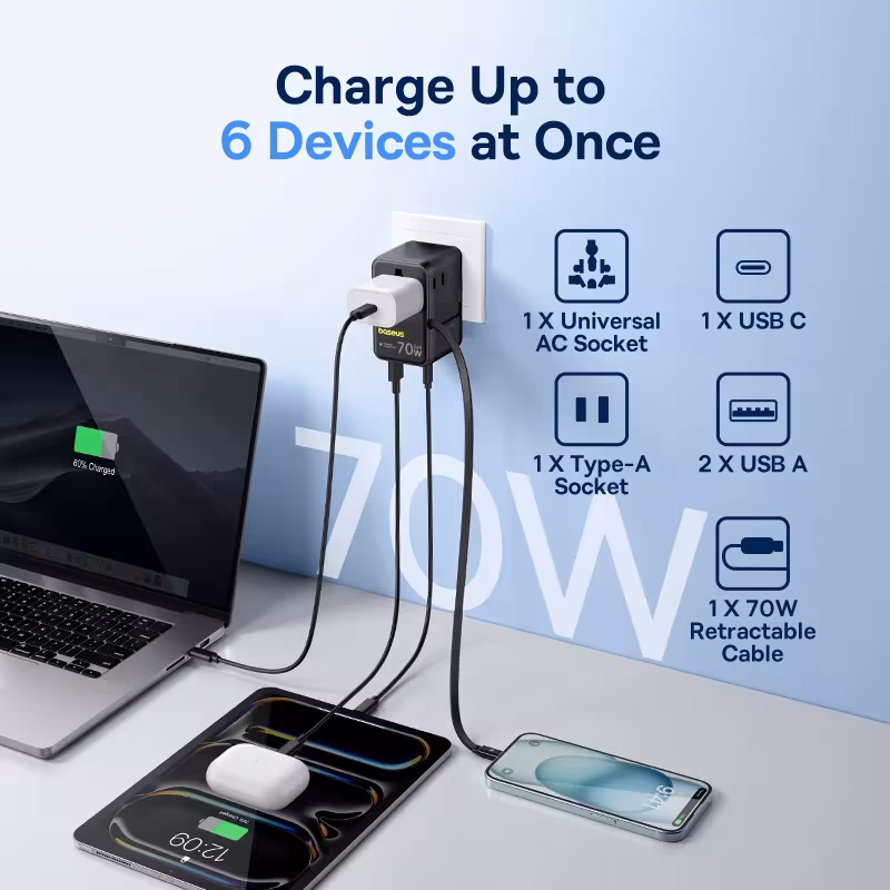 Baseus EnerCore CG11 70W GaN Universal Travel Adapter 6-in-1 Retractable Cable EU/UK/USA/AUS Baseus EnerCore CG11 70W GaN Universal Travel Adapter 6-in-1 Retractable Cable EU/UK/USA/AUS - Image 5
