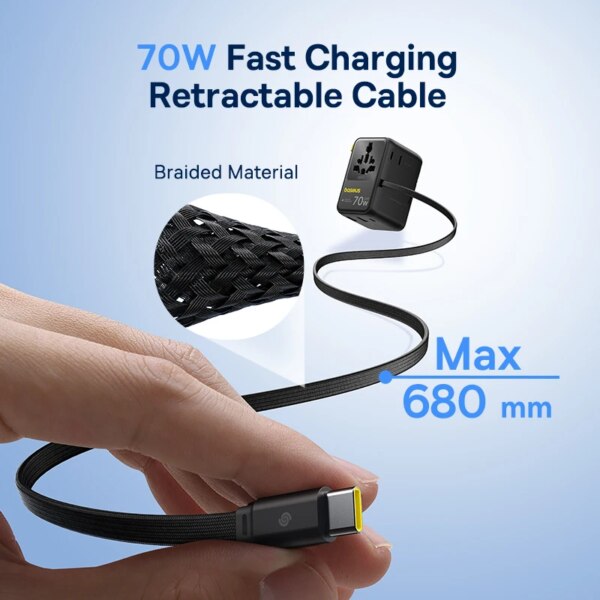 Baseus EnerCore CG11 70W GaN Universal Travel Adapter 6-in-1 Retractable Cable EU/UK/USA/AUS - Image 4