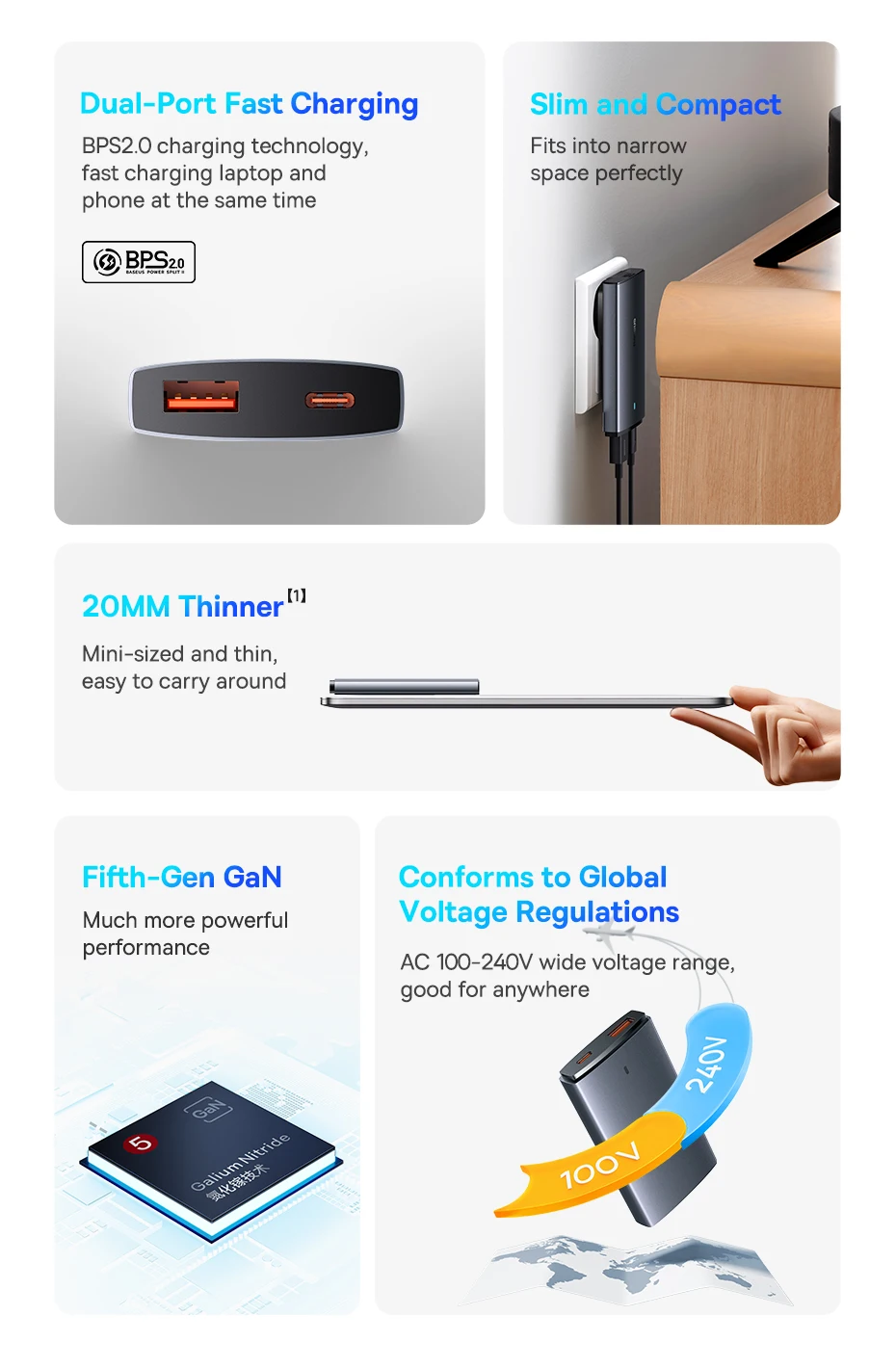 Baseus 65W GaN Charger Quick Charge 4.0 Type C PD USB Charger Portable Travel Charger Fast Charging For Laptop iPhone 16 15 14