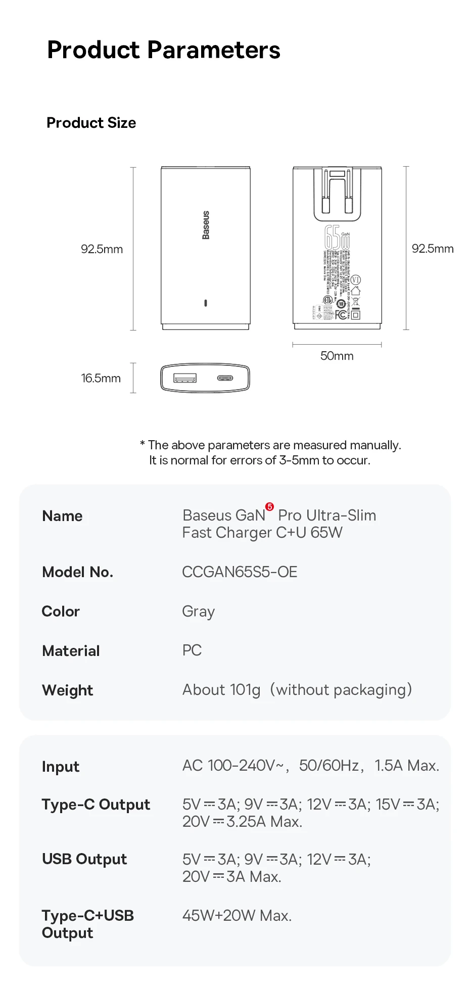 Baseus 65W GaN Charger Quick Charge 4.0 Type C PD USB Charger Portable Travel Charger Fast Charging For Laptop iPhone 16 15 14