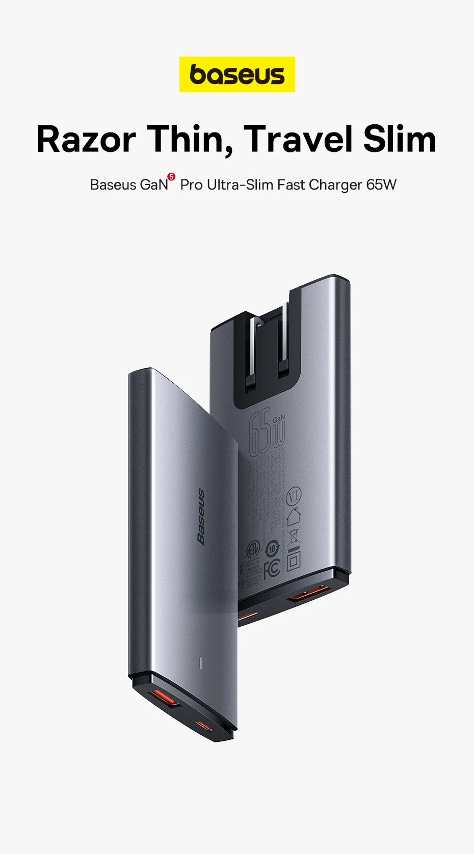 Baseus 65W GaN Charger Quick Charge 4.0 Type C PD USB Charger Portable Travel Charger Fast Charging For Laptop iPhone 16 15 14