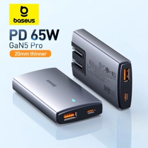 Baseus 65W GaN Pro Ultra-Slim Fast Charger Dual-Port PD QC4.0 USB-C Travel Adapter for Laptop iPhone 16 15 14