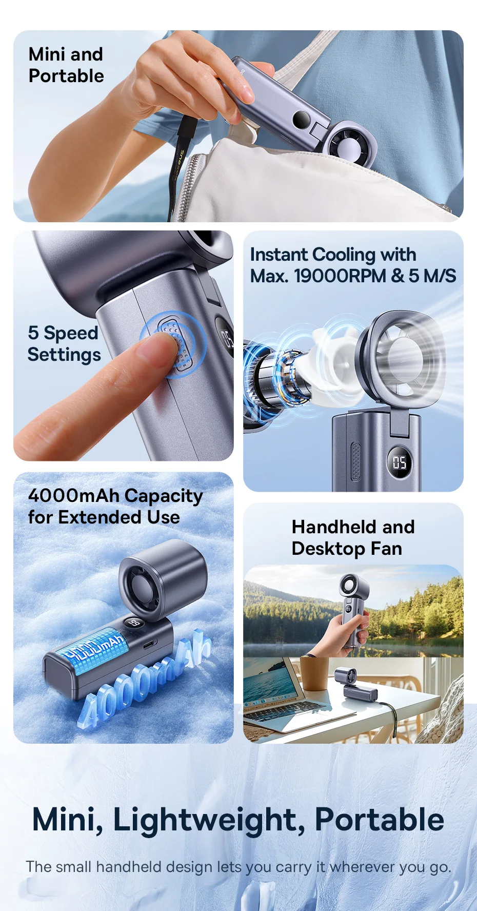 Baseus High-Speed Foldable Handheld Fan 5 Speed Mini Fan 4000mAh Rechargeable Fan with LED Display for Outdoor and Desktop Fan