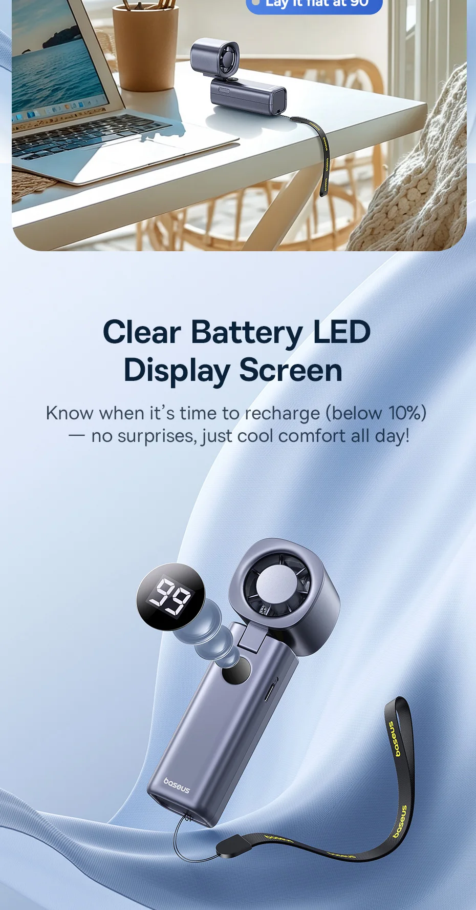Baseus High-Speed Foldable Handheld Fan 5 Speed Mini Fan 4000mAh Rechargeable Fan with LED Display for Outdoor and Desktop Fan