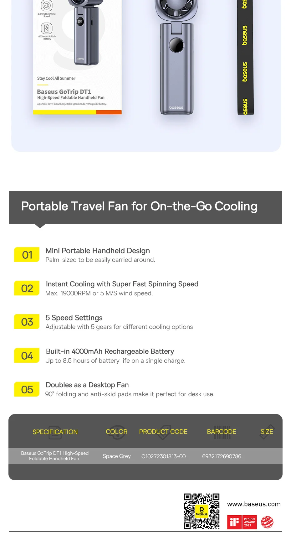 Baseus High-Speed Foldable Handheld Fan 5 Speed Mini Fan 4000mAh Rechargeable Fan with LED Display for Outdoor and Desktop Fan
