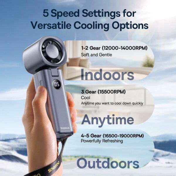 Baseus GoTrip DT1 4000mAh Handheld Fan 19000RPM 5 Speed Portable Mini Fan with LED Display - Image 5