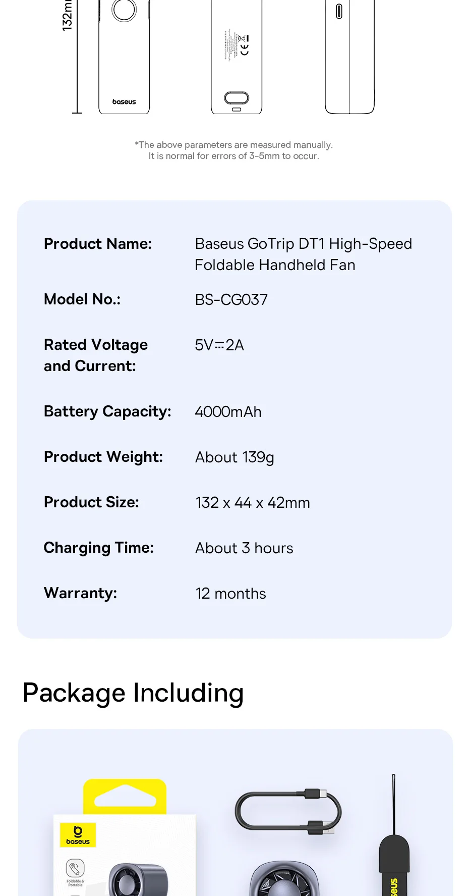 Baseus High-Speed Foldable Handheld Fan 5 Speed Mini Fan 4000mAh Rechargeable Fan with LED Display for Outdoor and Desktop Fan