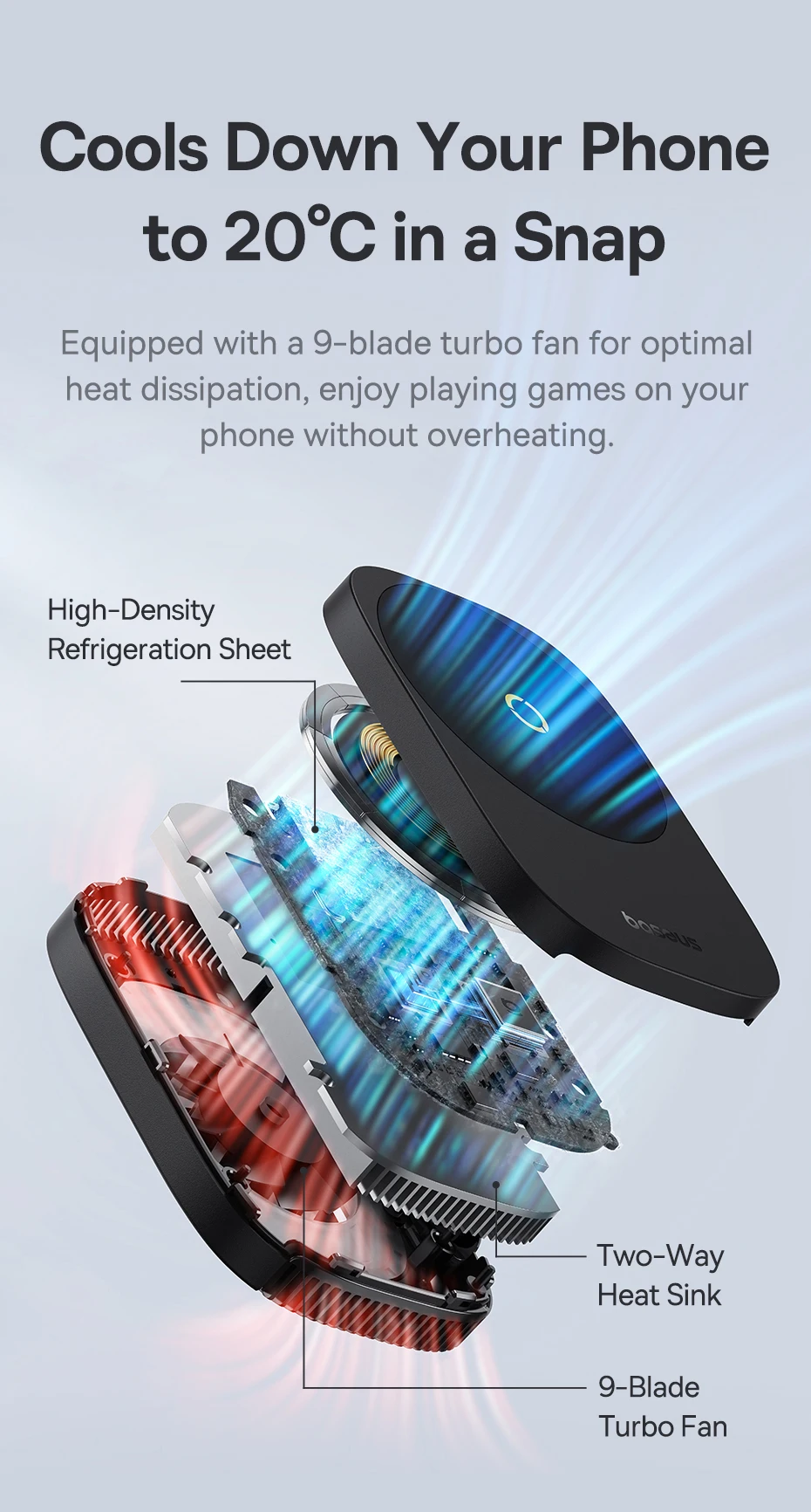 Baseus Magnetic Phone Cooler with Wireless Charging for iPhone 16 15 14 Pro Max Phone Stand Holder Gaming Radiator Cooling Fan