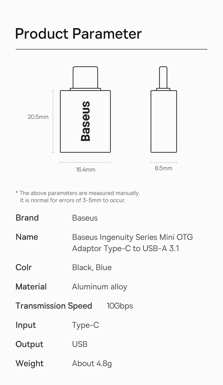 Baseus USB 3.1 Adapter OTG Type C to USB Adapter Female Converter For Macbook pro Air Samsung S20 S10 USB OTG Connector