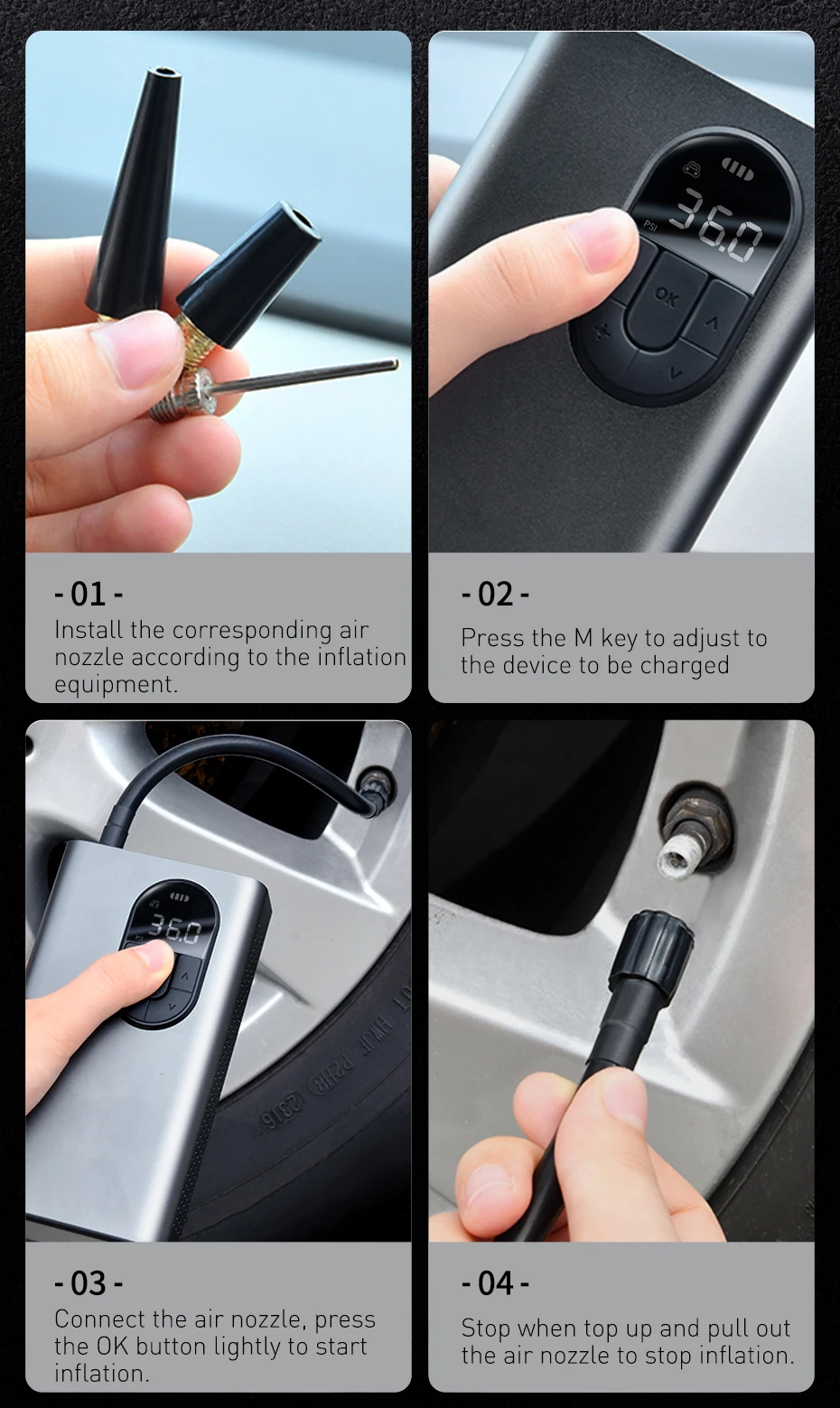 Baseus Portable Inflator Pump Car Air Compressor Smart Digital Tire Pressure Detection Auto Tire Pump for Car Bike Motorcycle