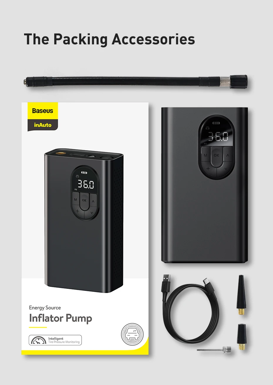 Baseus Portable Inflator Pump Car Air Compressor Smart Digital Tire Pressure Detection Auto Tire Pump for Car Bike Motorcycle