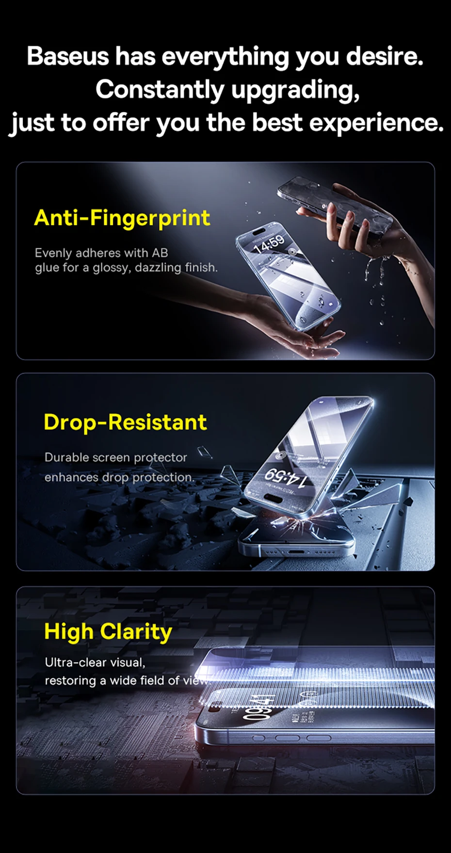 Baseus Tempered Glass for iPhone 17 16 Pro Max Screen Protector for iPhone 15 14 13 12 11 Pro Max Clear Edge Anti-Peeping Film