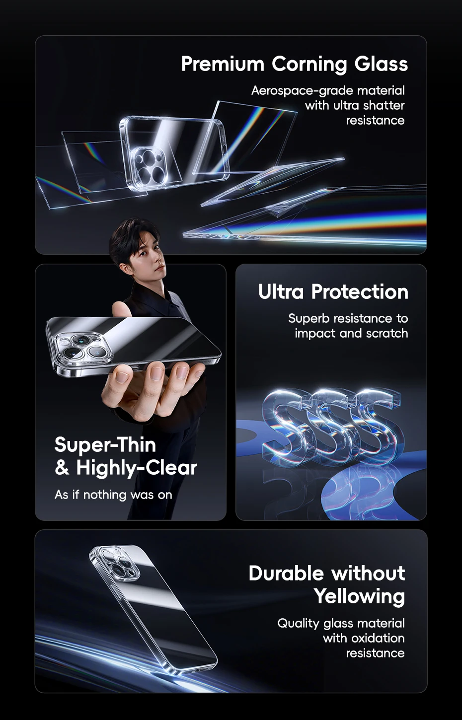 Baseus Tempered Glass Case for iPhone 16 15 Pro Max Clear Hard Corning Gorilla Glass Case for iPhone 15 14 13 Pro Max Plus Case