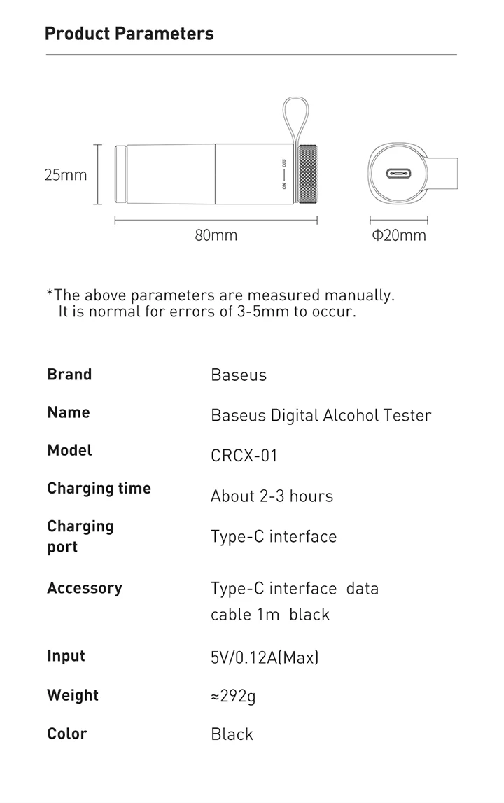 Baseus Alcohol Tester Electronic Breathalyzer with Digital Display Portable Rechargeable Non-Contact Alcohol Meter Analyzer