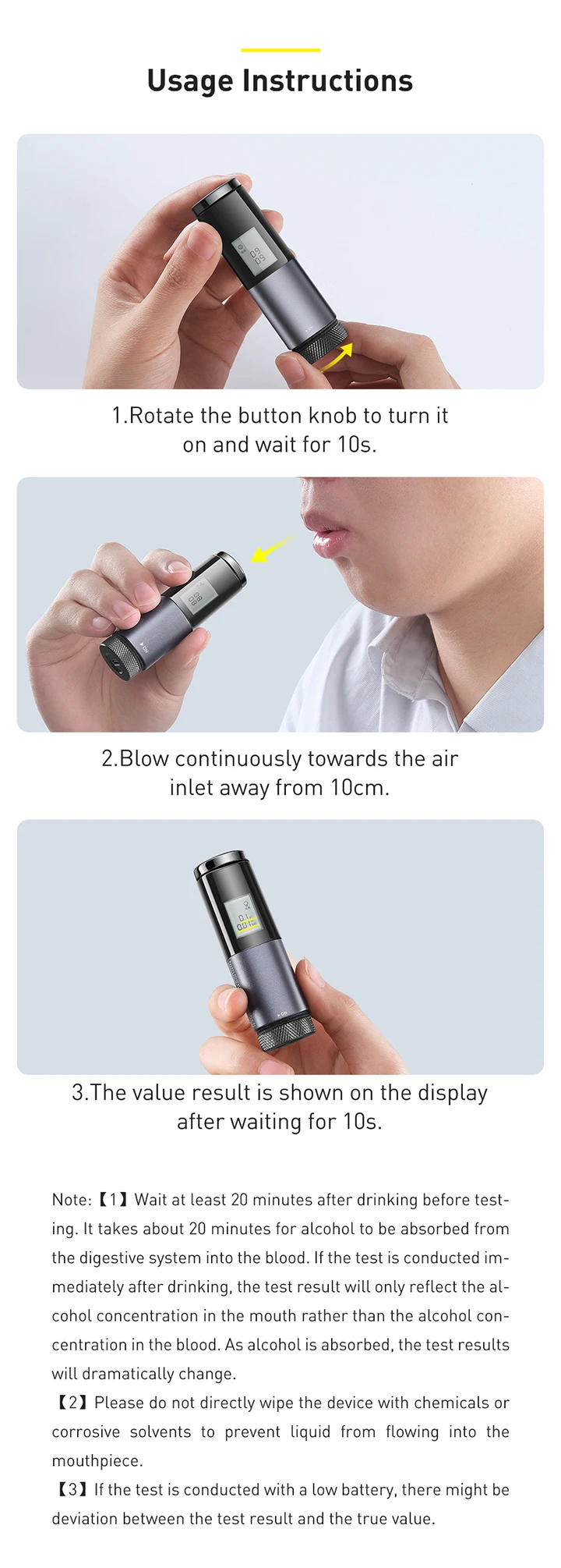 Baseus Alcohol Tester Electronic Breathalyzer with Digital Display Portable Rechargeable Non-Contact Alcohol Meter Analyzer