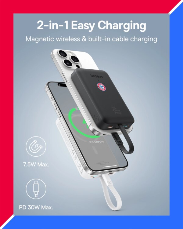 Baseus Magnetic Power Bank 10000mAh 30W with Built-in USB-C Cable Wireless Charger Bayern Edition - Image 2