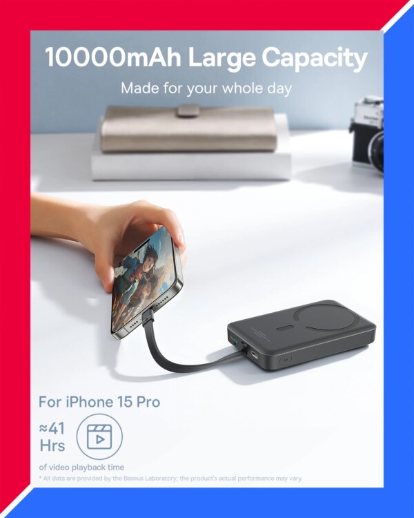 Baseus Magnetic Power Bank 10000mAh 30W with Built-in USB-C Cable Wireless Charger Bayern Edition - Image 4