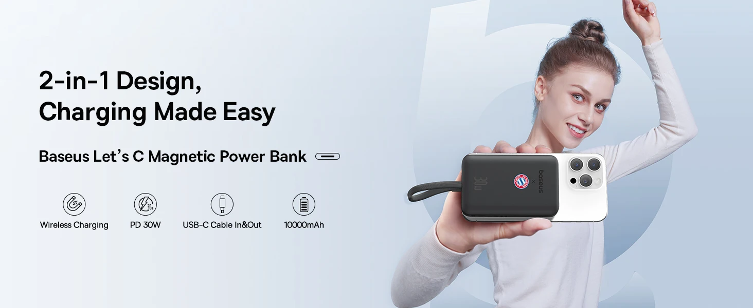 Baseus Magnetic Power Bank 10000mAh 30W With USB Type C Cable External Charger Battery Fast Charge Powerbank 【Bayern Version】