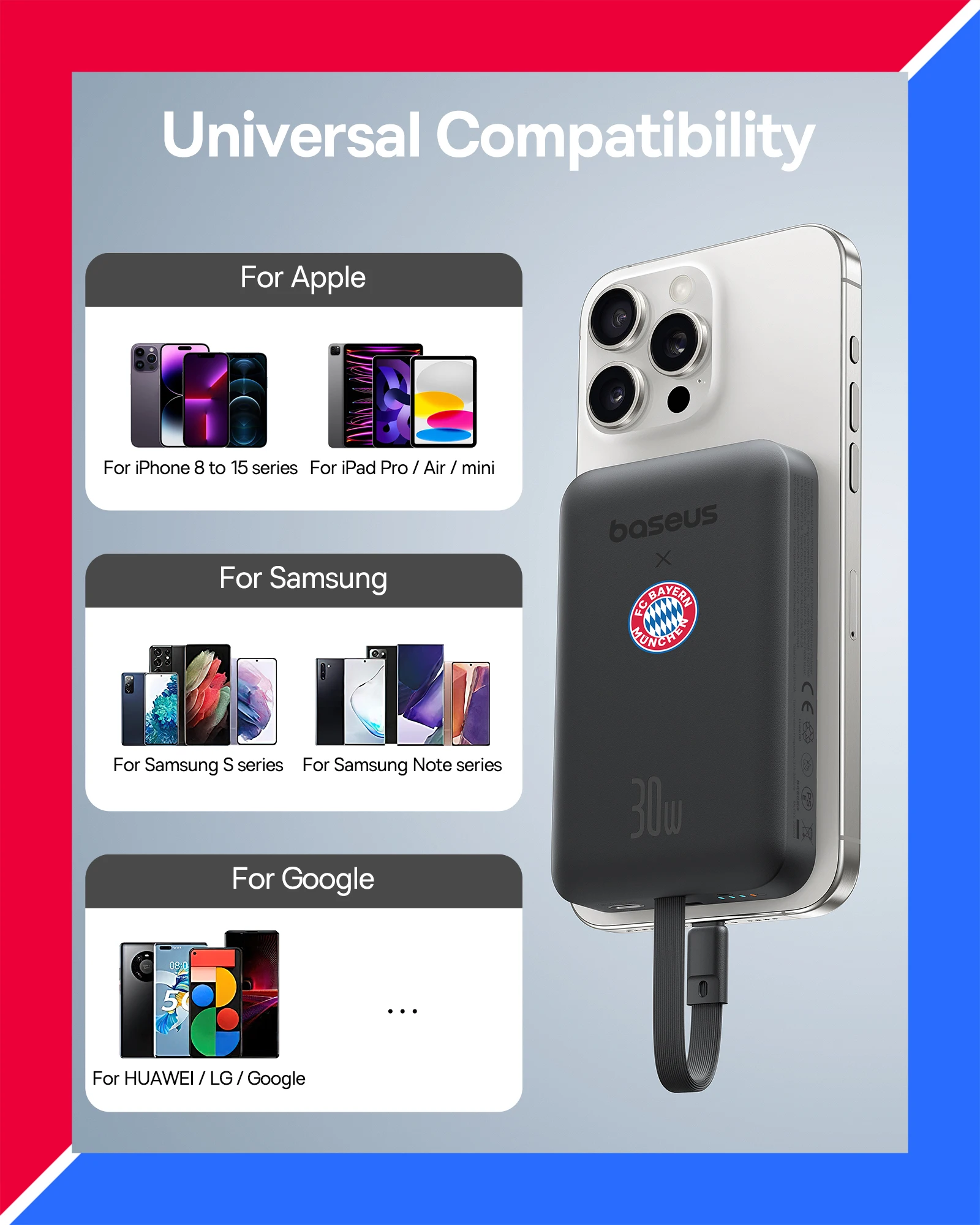Baseus Magnetic Power Bank 10000mAh 30W With USB Type C Cable External Charger Battery Fast Charge Powerbank 【Bayern Version】