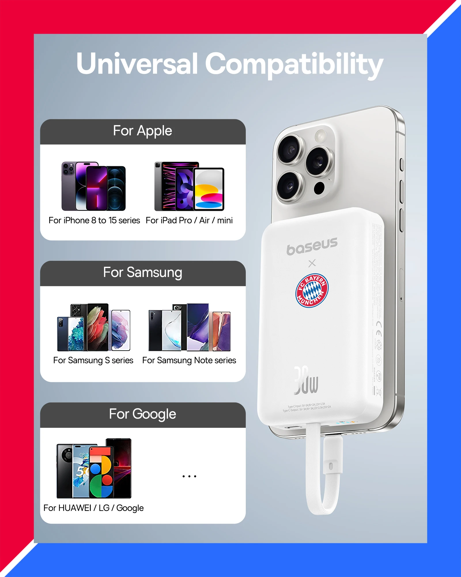 Baseus Magnetic Power Bank 10000mAh 30W With USB Type C Cable External Charger Battery Fast Charge Powerbank 【Bayern Version】