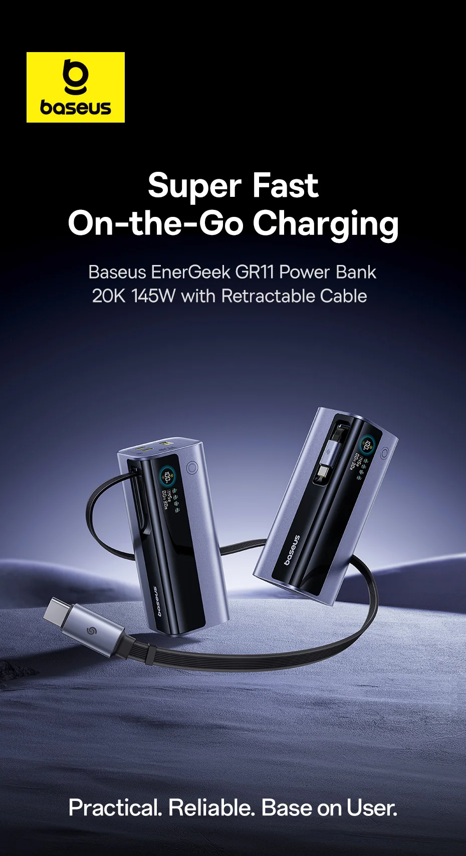 Baseus 145W Power Bank 20000mAh Built-In 100W Retractable Type C Cable Fast Charge Portable External Battery Charger PowerBank
