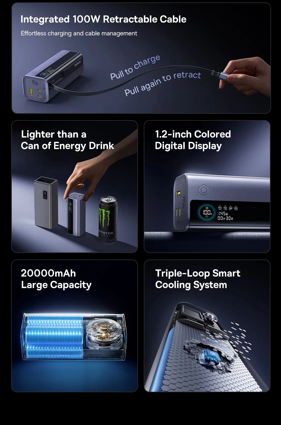 Baseus 145W Power Bank 20000mAh Built-In 100W Retractable Type C Cable Fast Charge Portable External Battery Charger PowerBank