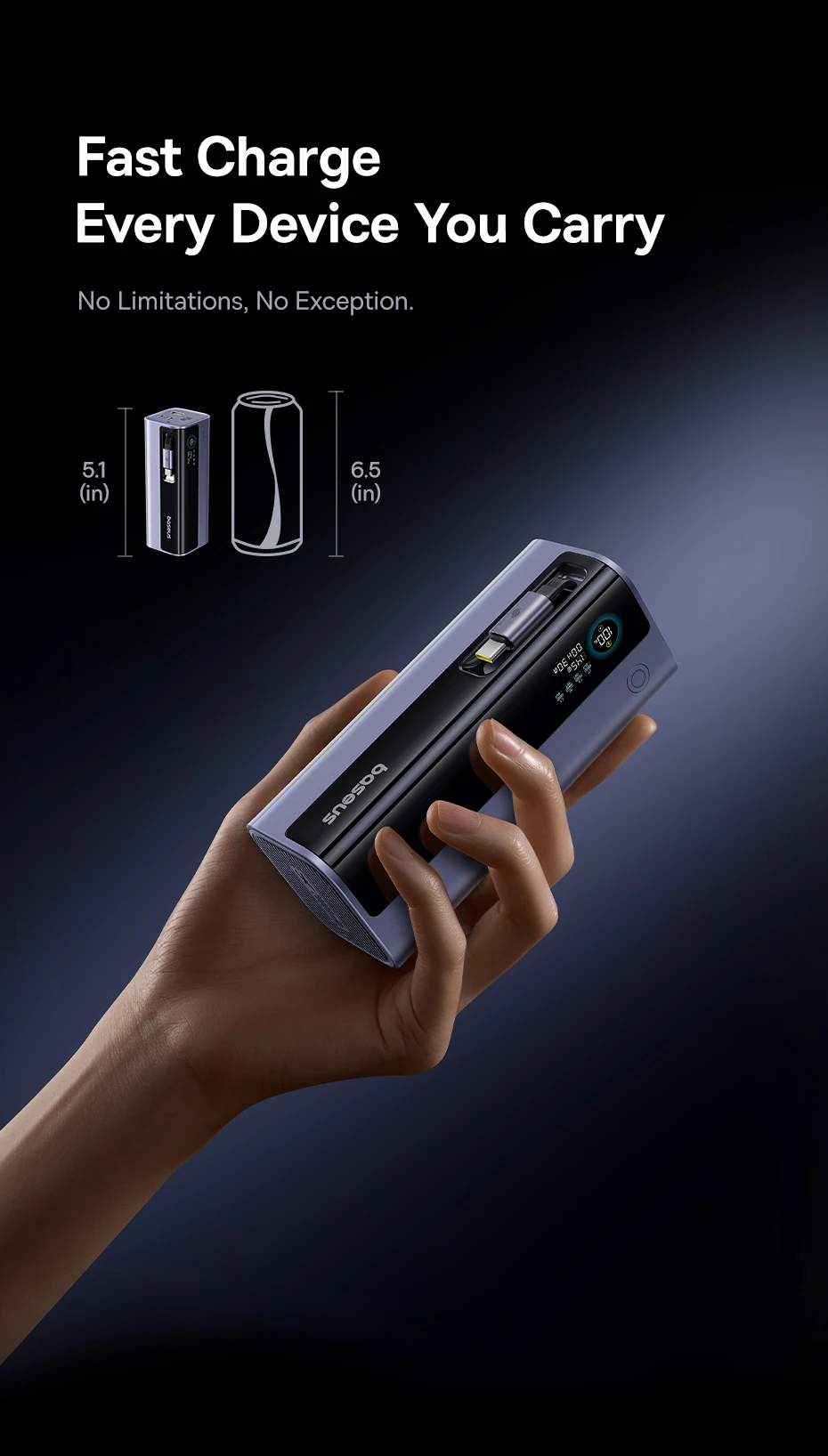 Baseus 145W Power Bank 20000mAh Built-In 100W Retractable Type C Cable Fast Charge Portable External Battery Charger PowerBank