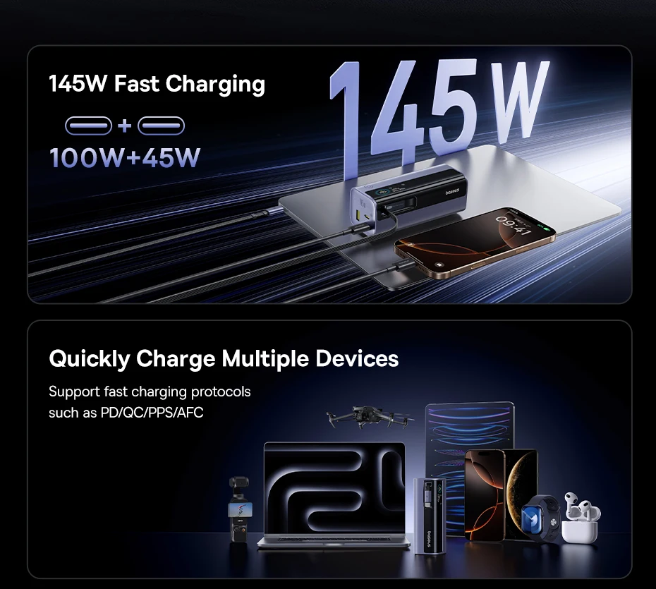 Baseus 145W Power Bank 20000mAh Built-In 100W Retractable Type C Cable Fast Charge Portable External Battery Charger PowerBank