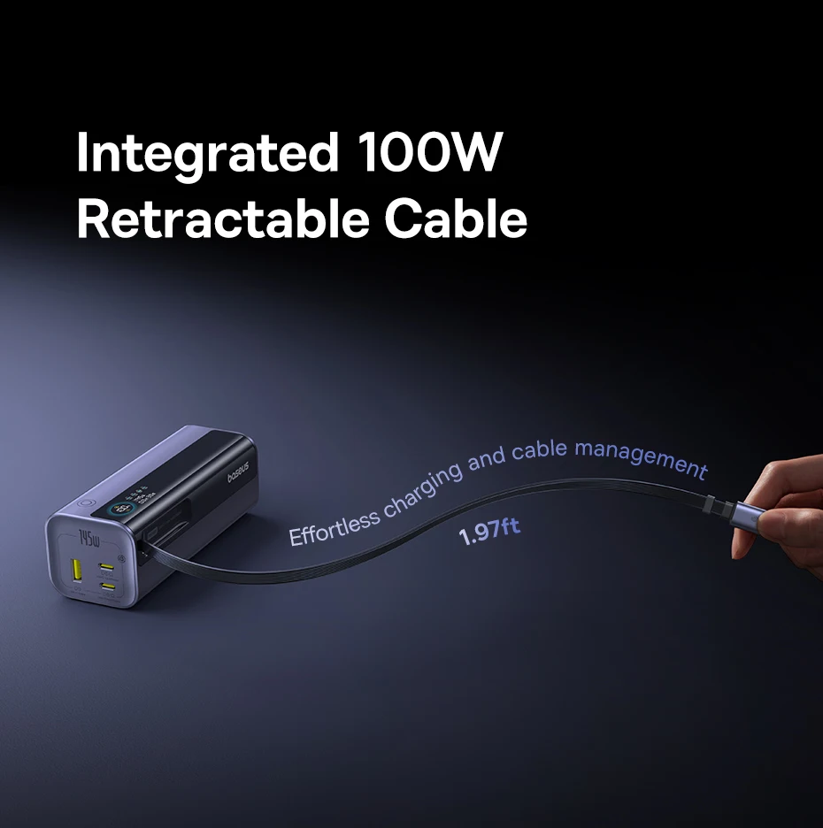 Baseus 145W Power Bank 20000mAh Built-In 100W Retractable Type C Cable Fast Charge Portable External Battery Charger PowerBank