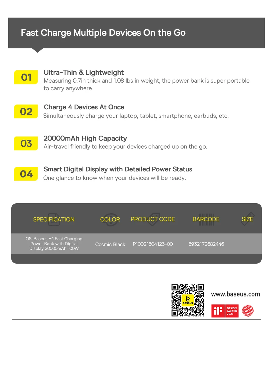 Baseus 100W Power Bank 20000mAh Capacity PD Fast Charging Battery Charger Powerbank For Laptops MacBook iPhone Samsung Xiaomi