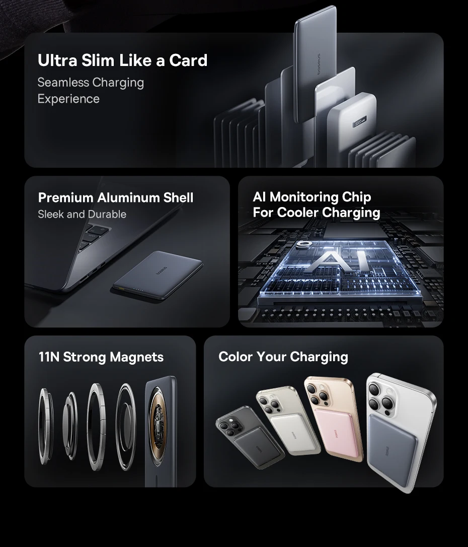 Baseus 5000mAh Magnetic Power Bank 15W Wireless 20W Wired Charging Thin Card-Sized Slim Portable Powerbank for iPhone Samsung