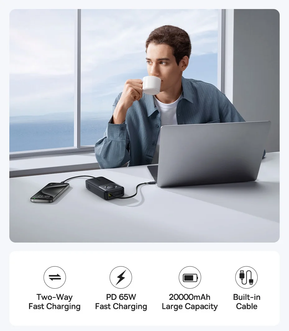 Baseus 65W Power Bank 20000mah Fast Charging with Built-in Retractable Type-C Cable for Laptops iPhone 16 15 Pro Max