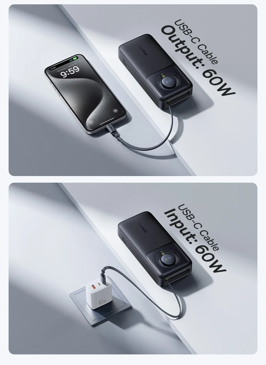 Baseus 65W Power Bank 20000mah Fast Charging with Built-in Retractable Type-C Cable for Laptops iPhone 16 15 Pro Max