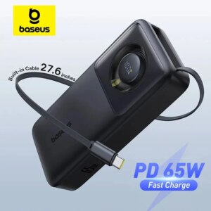 Baseus 65W Power Bank 20000mAh with Built-in Retractable Type-C Cable Fast Charging for Laptops iPhone 16 15 Pro Max