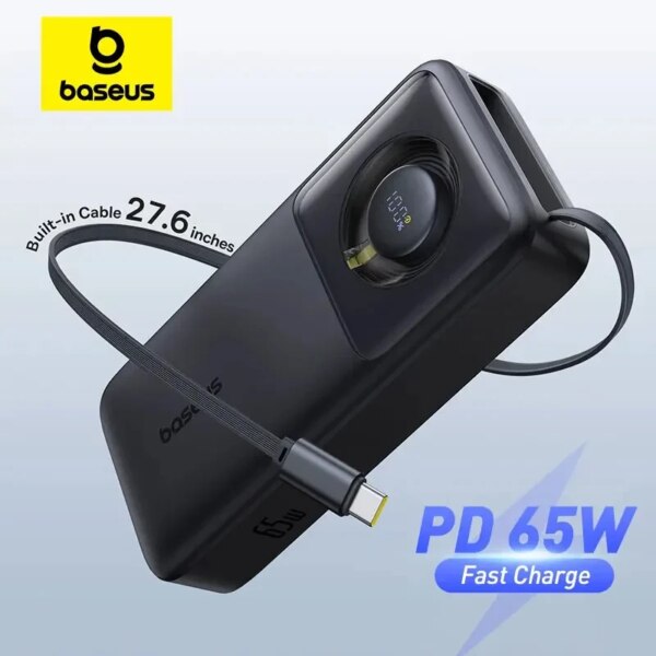 Baseus 65W Power Bank 20000mAh with Built-in Retractable Type-C Cable Fast Charging for Laptops iPhone 16 15 Pro Max