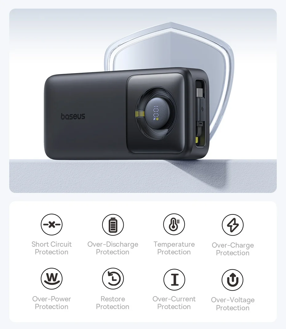 Baseus 65W Power Bank 20000mah Fast Charging with Built-in Retractable Type-C Cable for Laptops iPhone 16 15 Pro Max