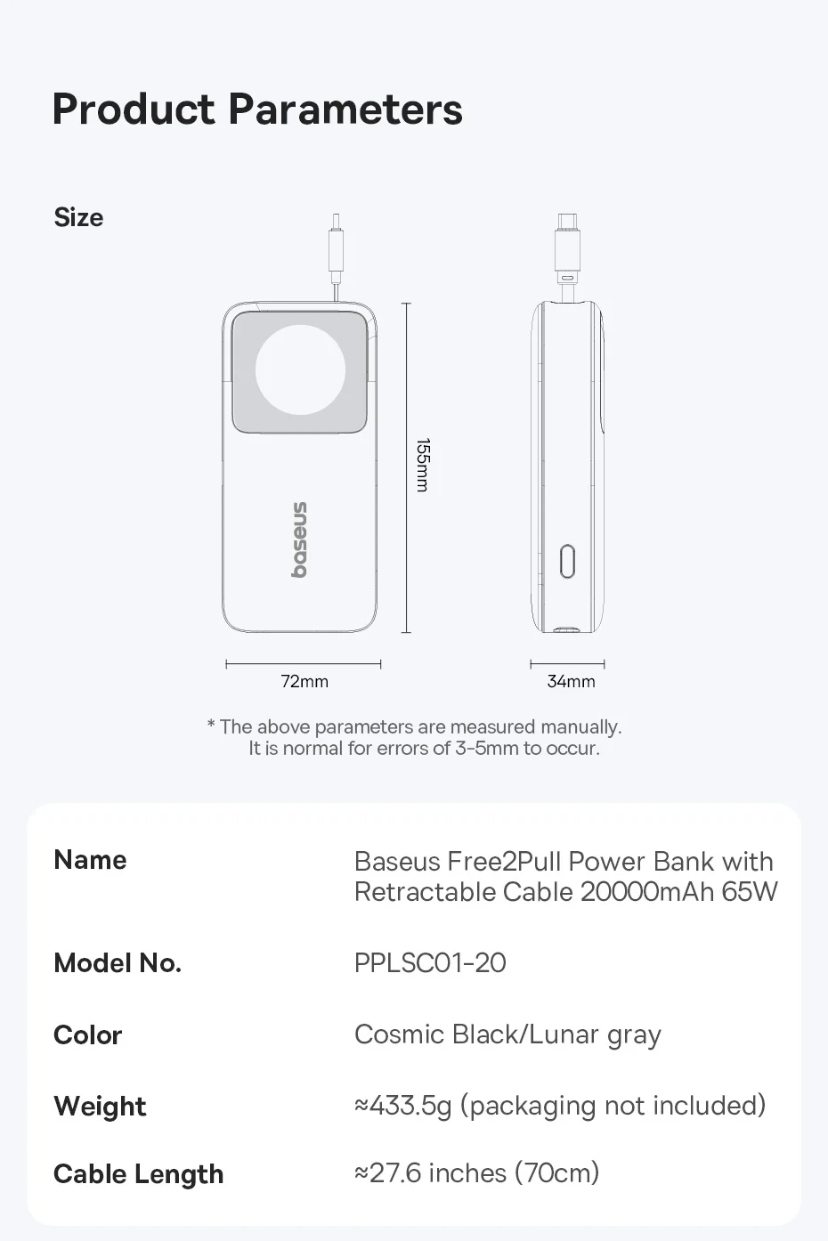 Baseus 65W Power Bank 20000mah Fast Charging with Built-in Retractable Type-C Cable for Laptops iPhone 16 15 Pro Max